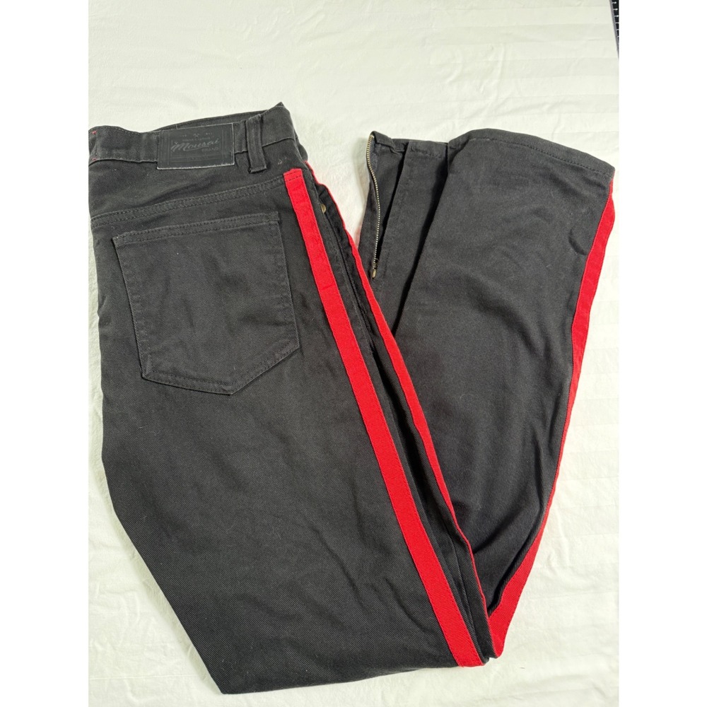Mousai Brand Mens Distressed Black Denim Jeans Red Side Stripe Ankle Zip 34x32